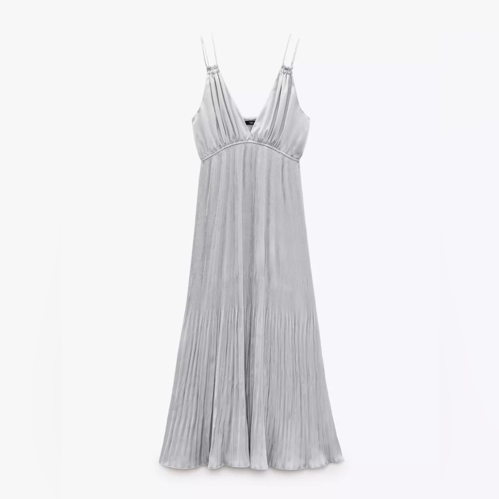 NWT ZARA Pleated Deep V Satin Slip Midi Dress XS, Silver